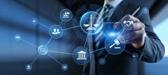 Choate Law provides a balanced approach to your business needs. Image of a person in a suit with bubbles representing people, books, scales of justice.