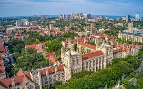 Overhead photo of Hyde Park, Chicago, IL, featuring buildings from the University of Chicago